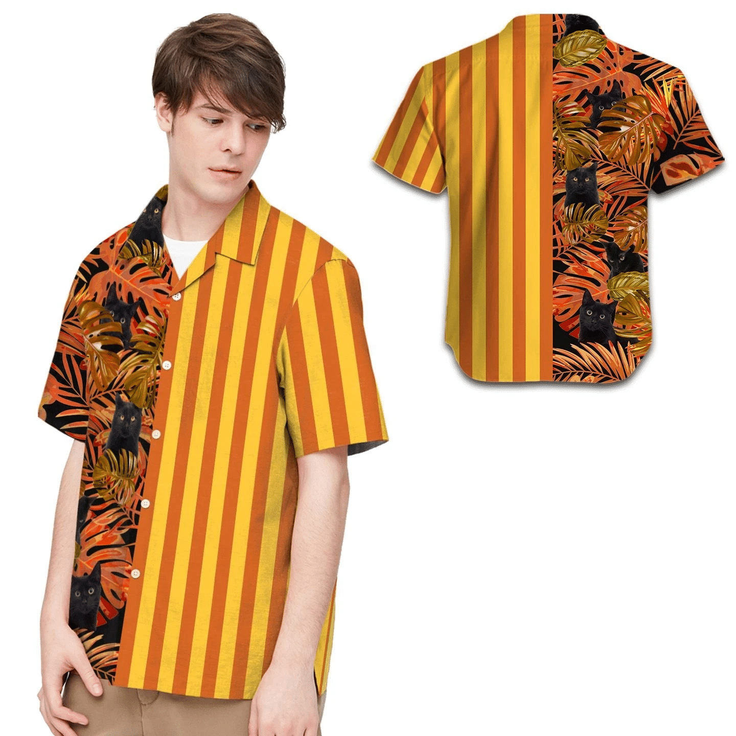 Black Cat Tropical Leaves Men Hawaii Shirt For Pet Lovers In Daily Life Ha83458