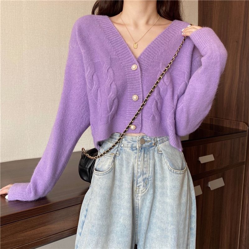 Autumn Cropped Cardigan Sweaters Women Pearls Gentle Sweet V-neck Twist Jumper Candy Colors Ulzzang Knitted Outerwear All-match alx