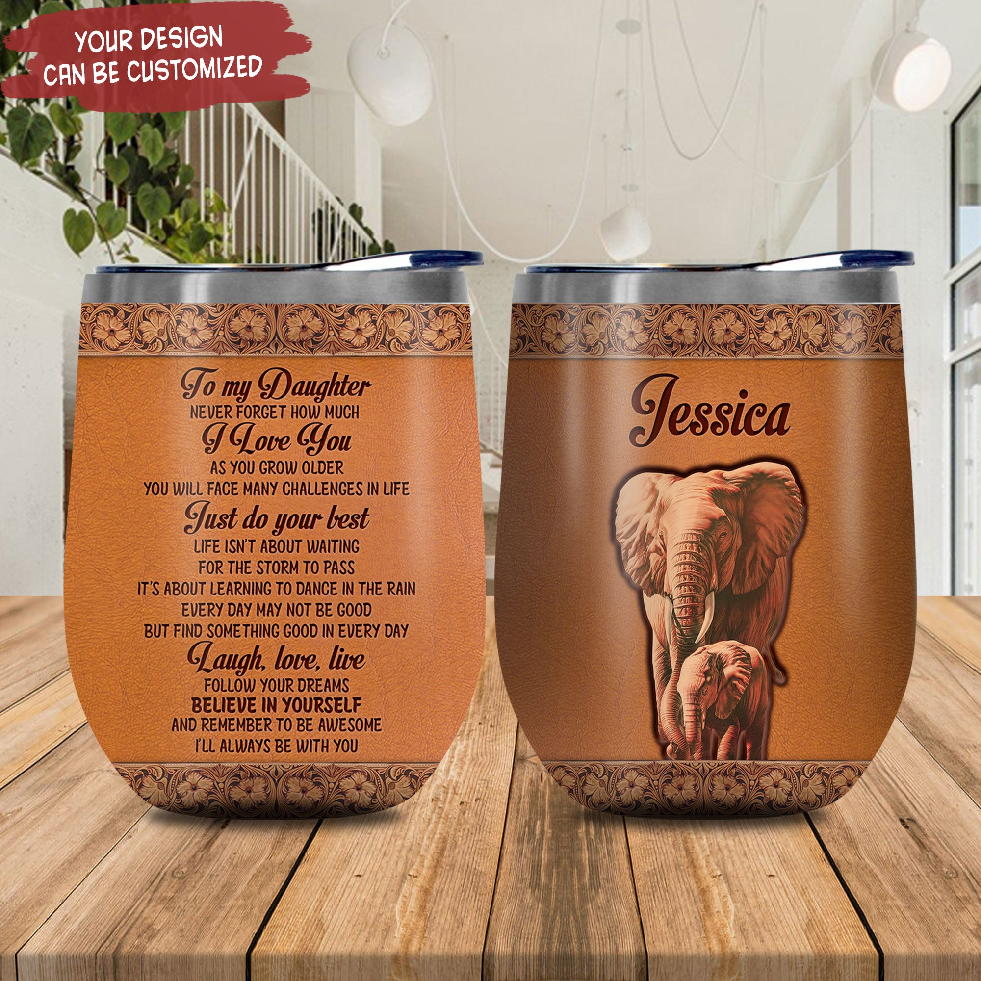 Personalized Elephant Mom To Daughter Leather Style Hlz2011013 Stainless Steel Wine Tumbler – Personalized Wine Tumbler