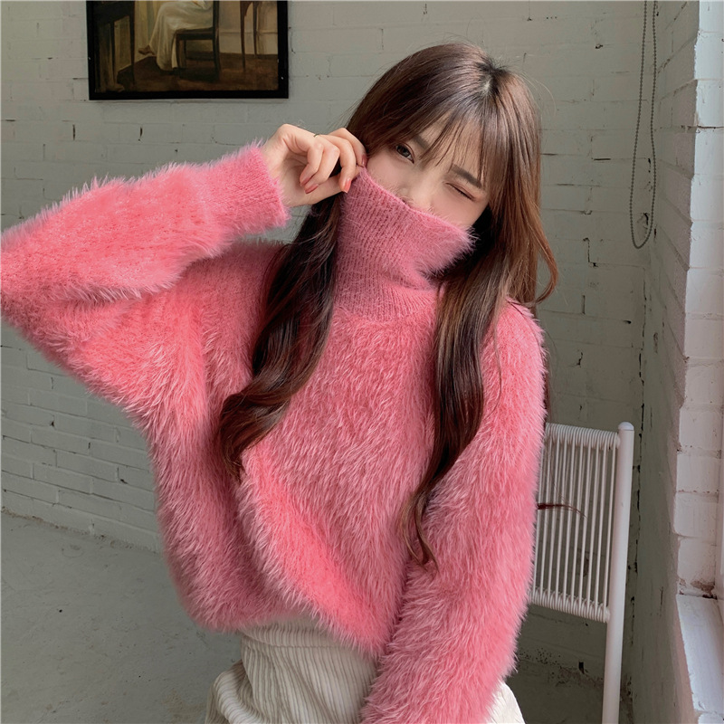 Warm Winter Fluffy Mohair Knitted Sweater Women Casual Flocking Pullovers Ladies Simple Sweater Loose Jumper Streetwear Knitwear alx