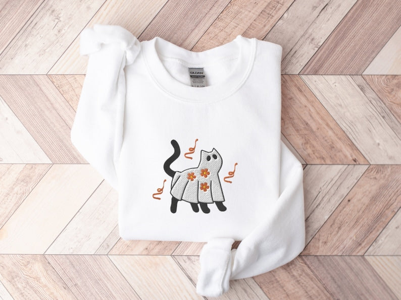 Ghost Cat Halloween Embroidered Sweatshirt Crewneck Sweatshirt All Over Print Sweatshirt For Women Sweatshirt For Men Sws2745