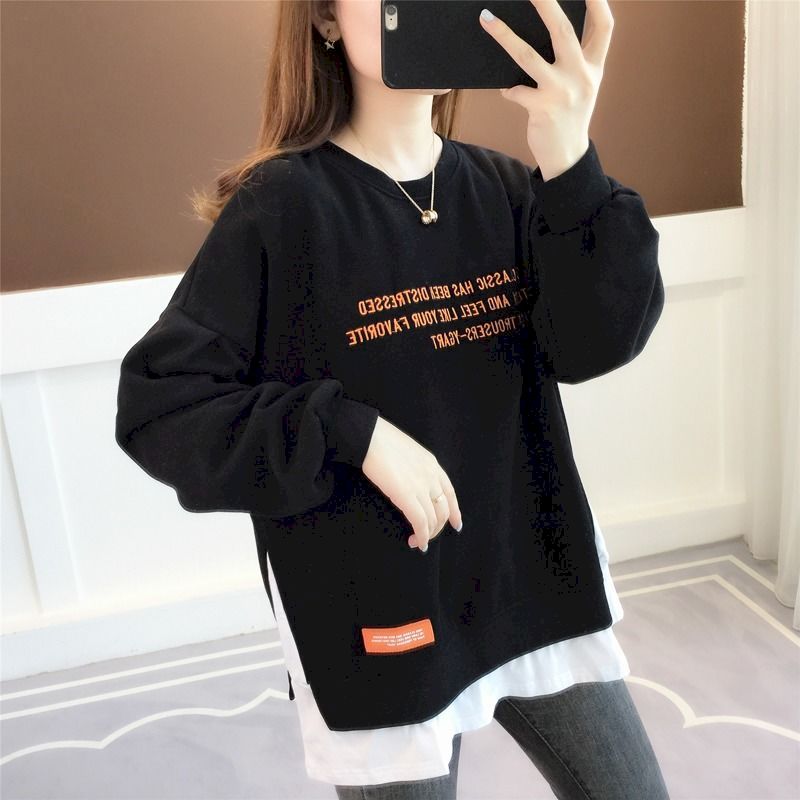 2022 New Spring Autumn Pullover Women’s Thin Loose Korean Style Fake Two-piece Blouse Clothes Letter Printing Sweatshirt Women alx