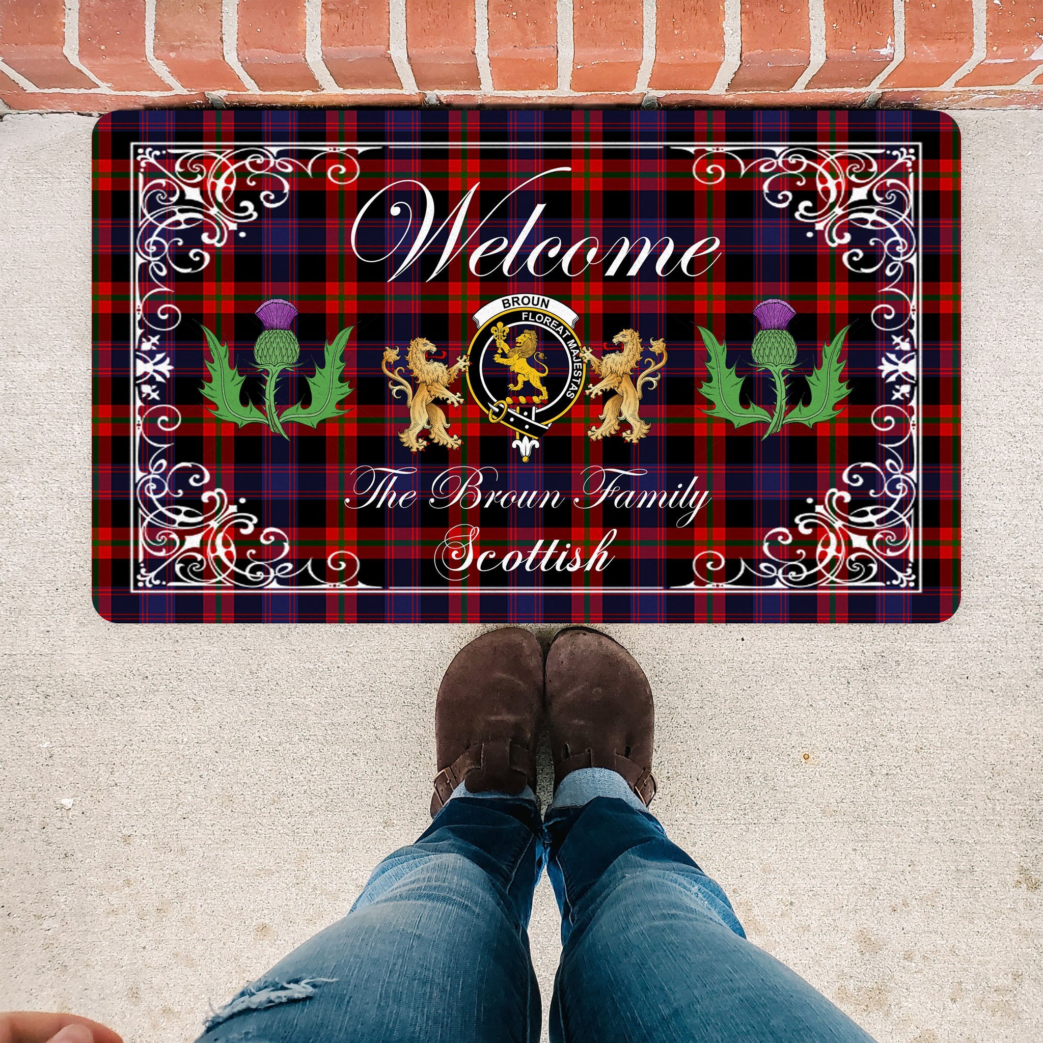 Scotstee Shop Tartan Door Mats Clan Broun Badge Tartan Thistle And Two Lion Scottish Plaid Doormat, Christmas Door Mat Gift