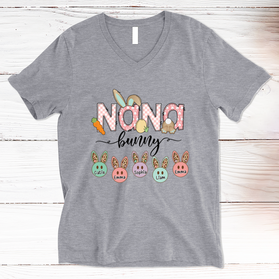 Personalized Nana Bunny And Grandkids Cute Easter V-Neck