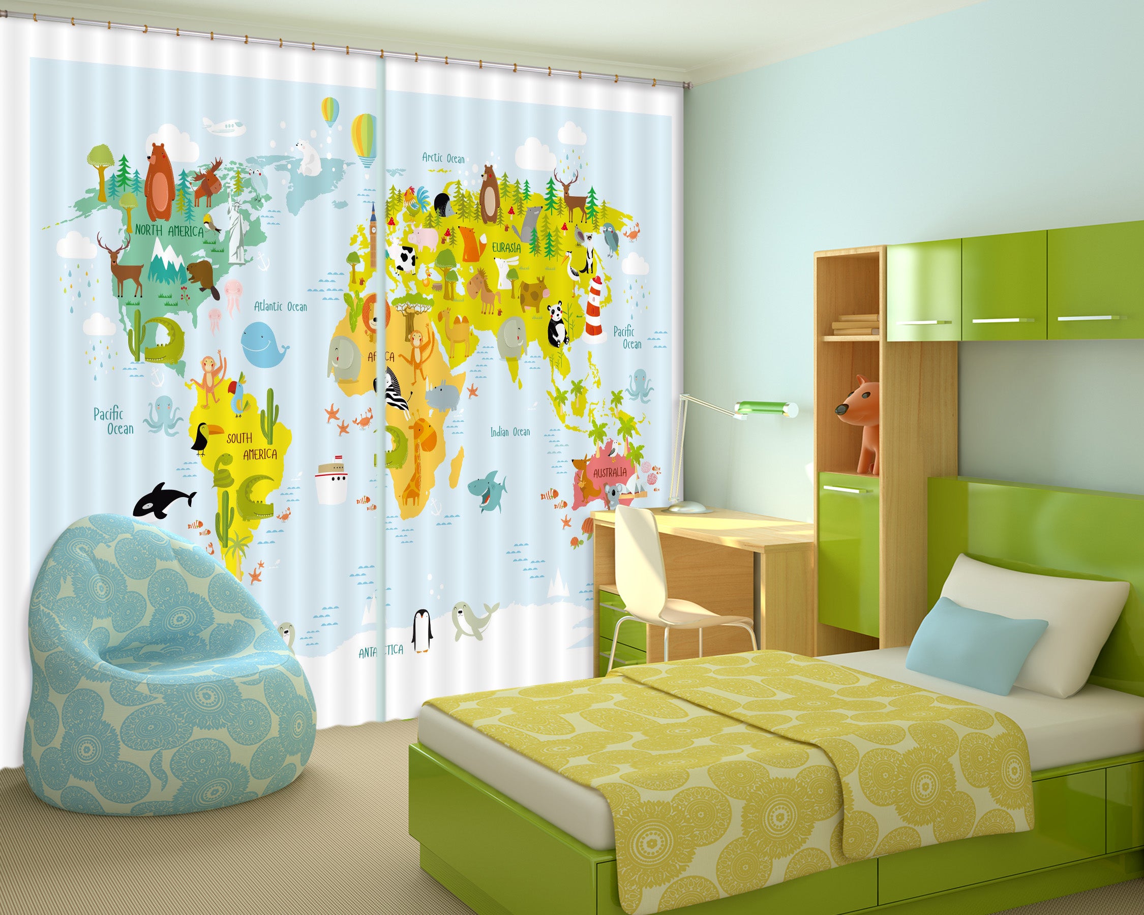 3D World Map Animals Curtains And Drapes Lqh A639