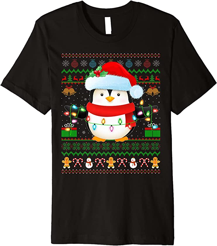 Santa Hat Penguin Bird Xmas Lights Ugly Penguin Christmas Premium T-Shirt