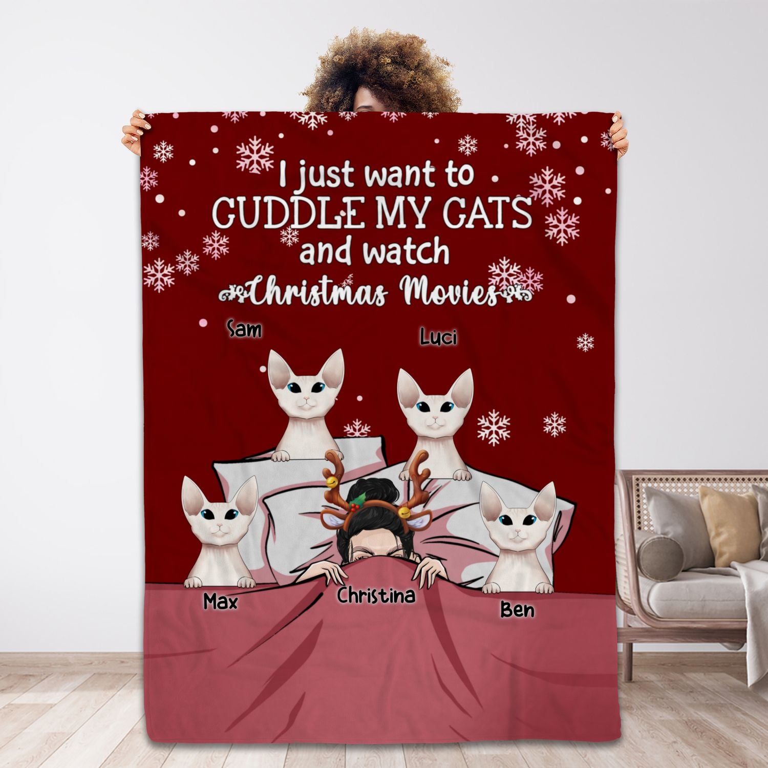 Personalized Blanket For Cat Lovers I Just Want To Cuddle My Cats & Watch Christmas Movie Funny Xmas Design Custom Name