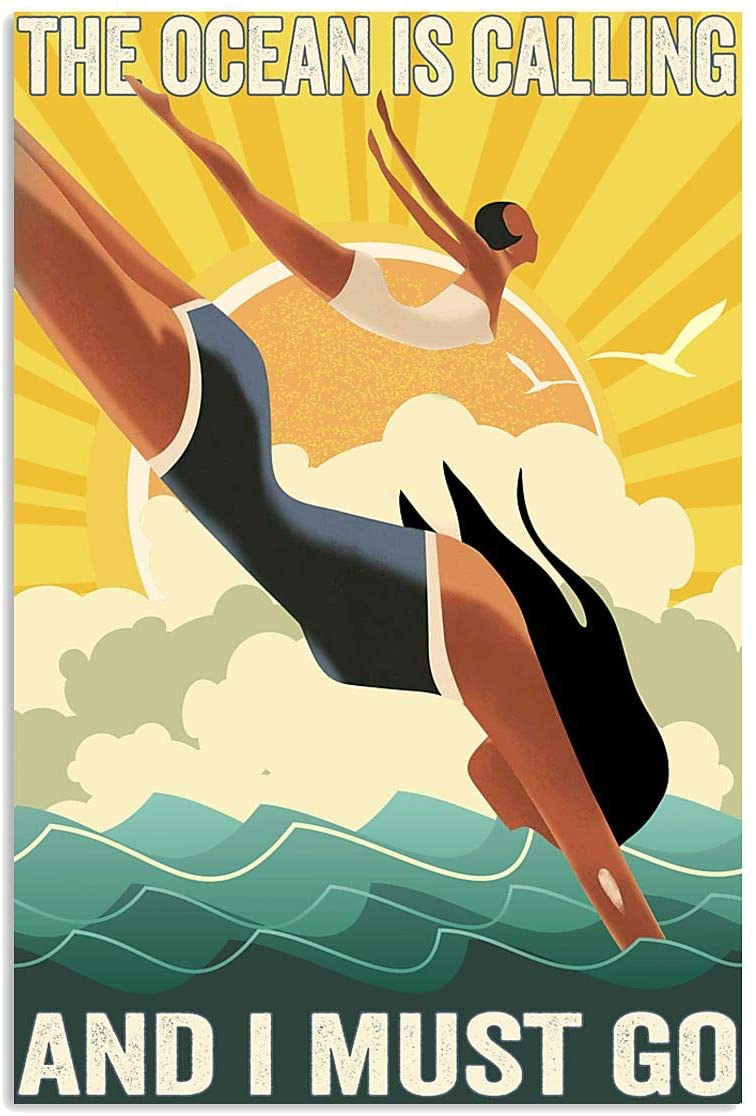 Vintage Swimming The Ocean Is Calling Must Go Poster Art Print      Home Decor Gift For Men Women Family Friend On Birthday Xmas