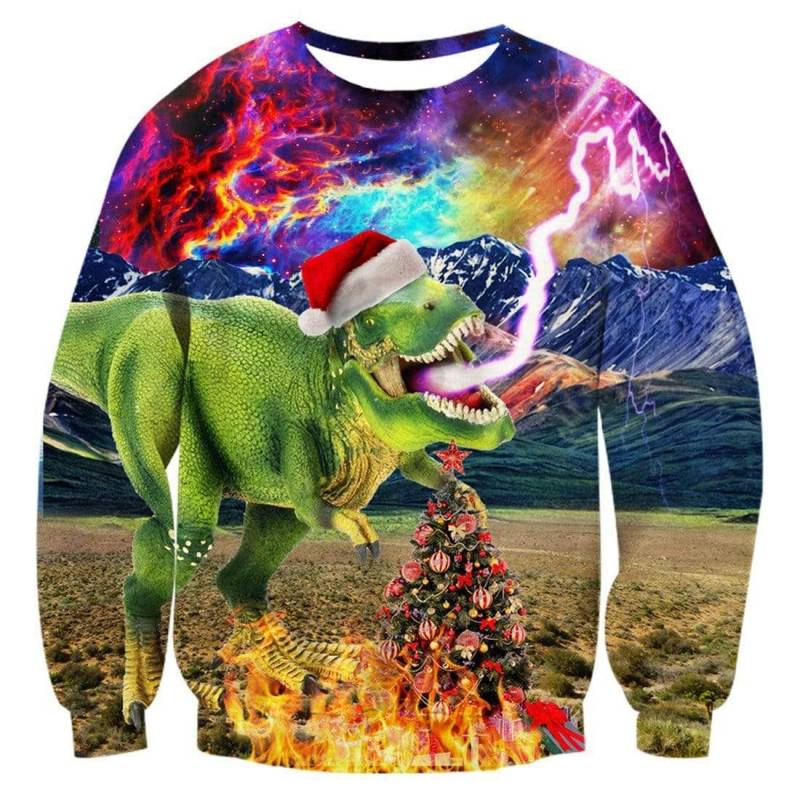 T-Rex Angy Christmas Sweater – Giant Animal in Celebration Mood Purple Polyester/ Spandex  Pullover