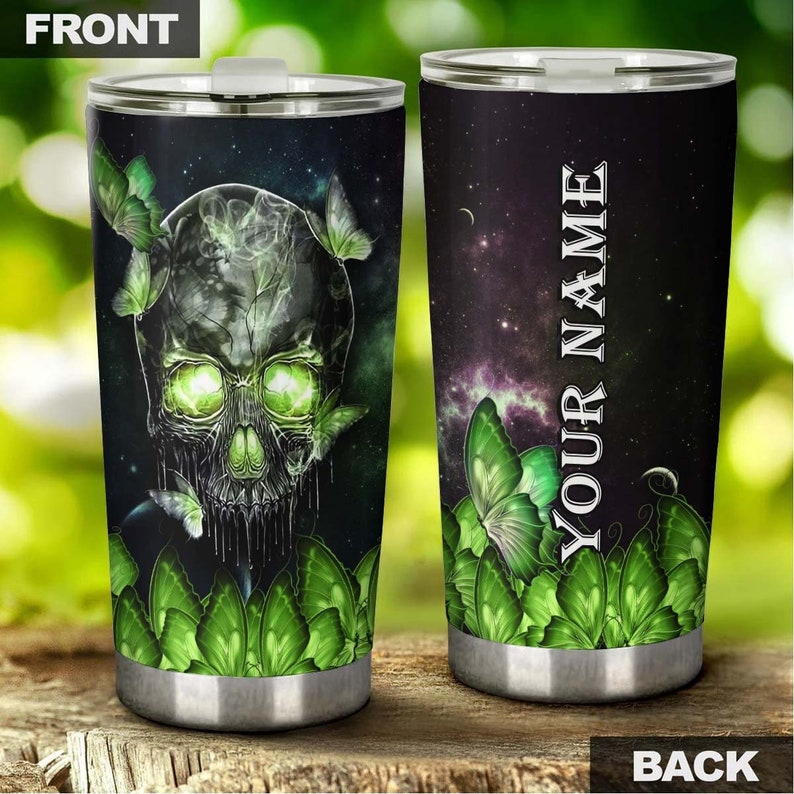 Skull Butterfly Green Personalized Fancy Unique Tumbler-Skull Tumbler-Skull Birthday Gift Christmas Gift For Her For Him