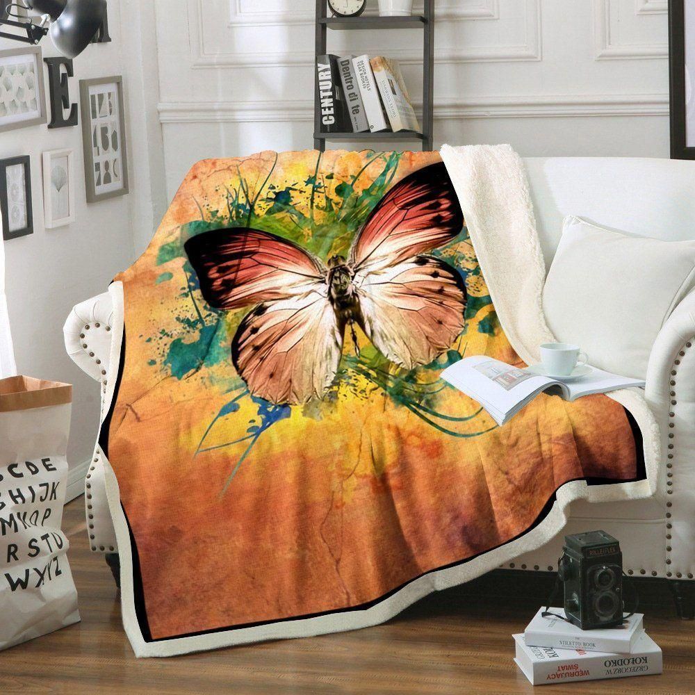 Beautiful Butterfly Orange Background Fleece Blanket, Sherpa Blanket, Gift For Parent, Family Member, Friends Gift, Christmas Gift, Home Decor, Home Living