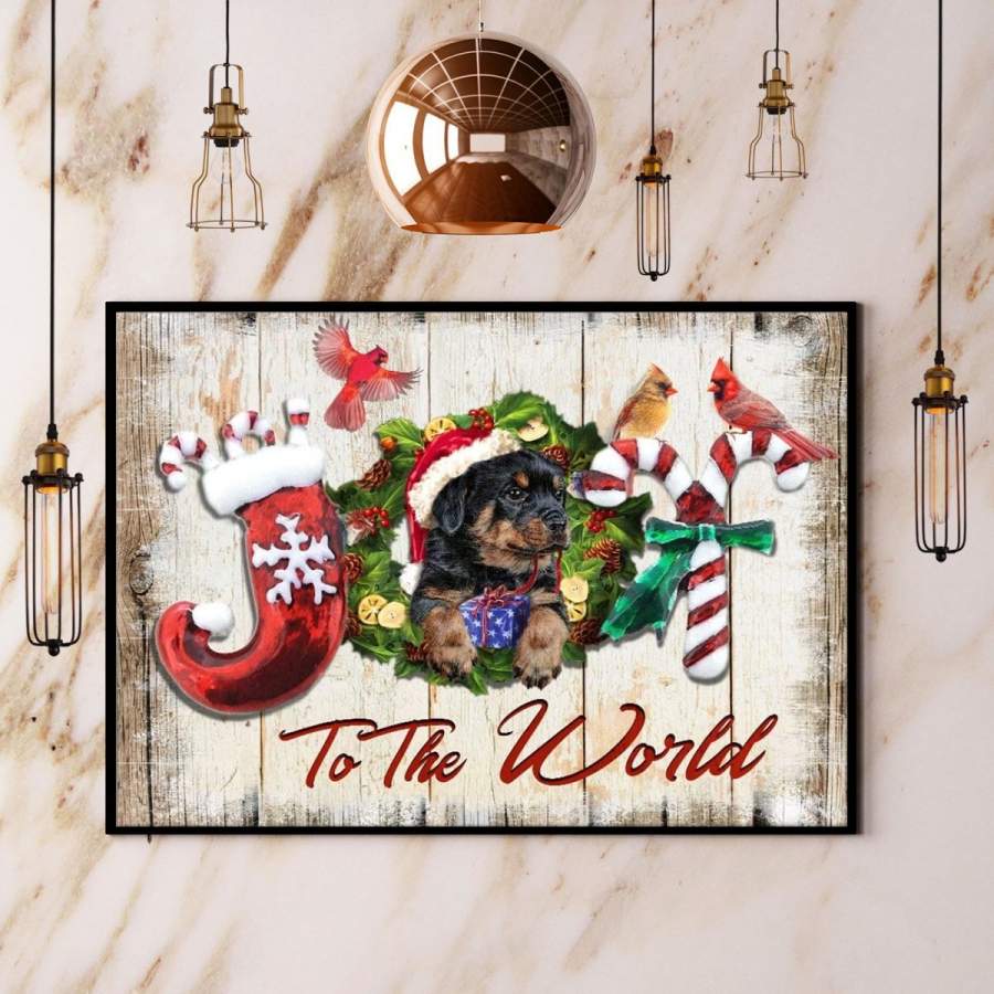 Christmas rottweiler dog cardinal joy to the world candy cane xmas wreath horizontal paper poster no frame/ wrapped canvas wall decor full size