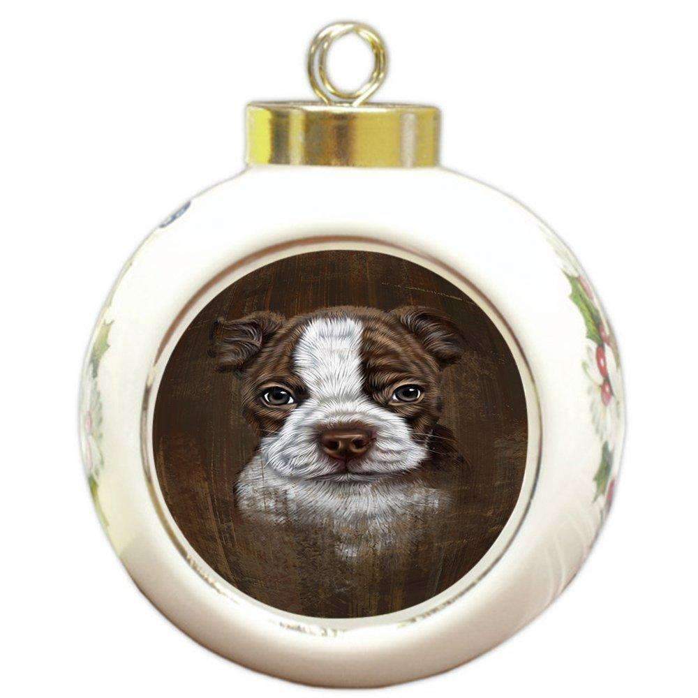 Rustic Boston Terrier Puppy Round Ball Christmas Ornament Rbpor48212