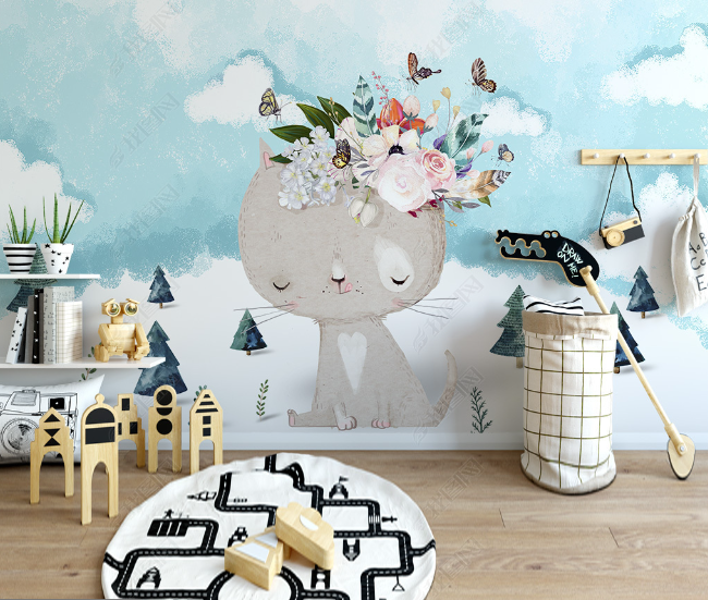 3D Green Leaf Animal Cat Floral Wall Mural Wallpaper Lqh 4