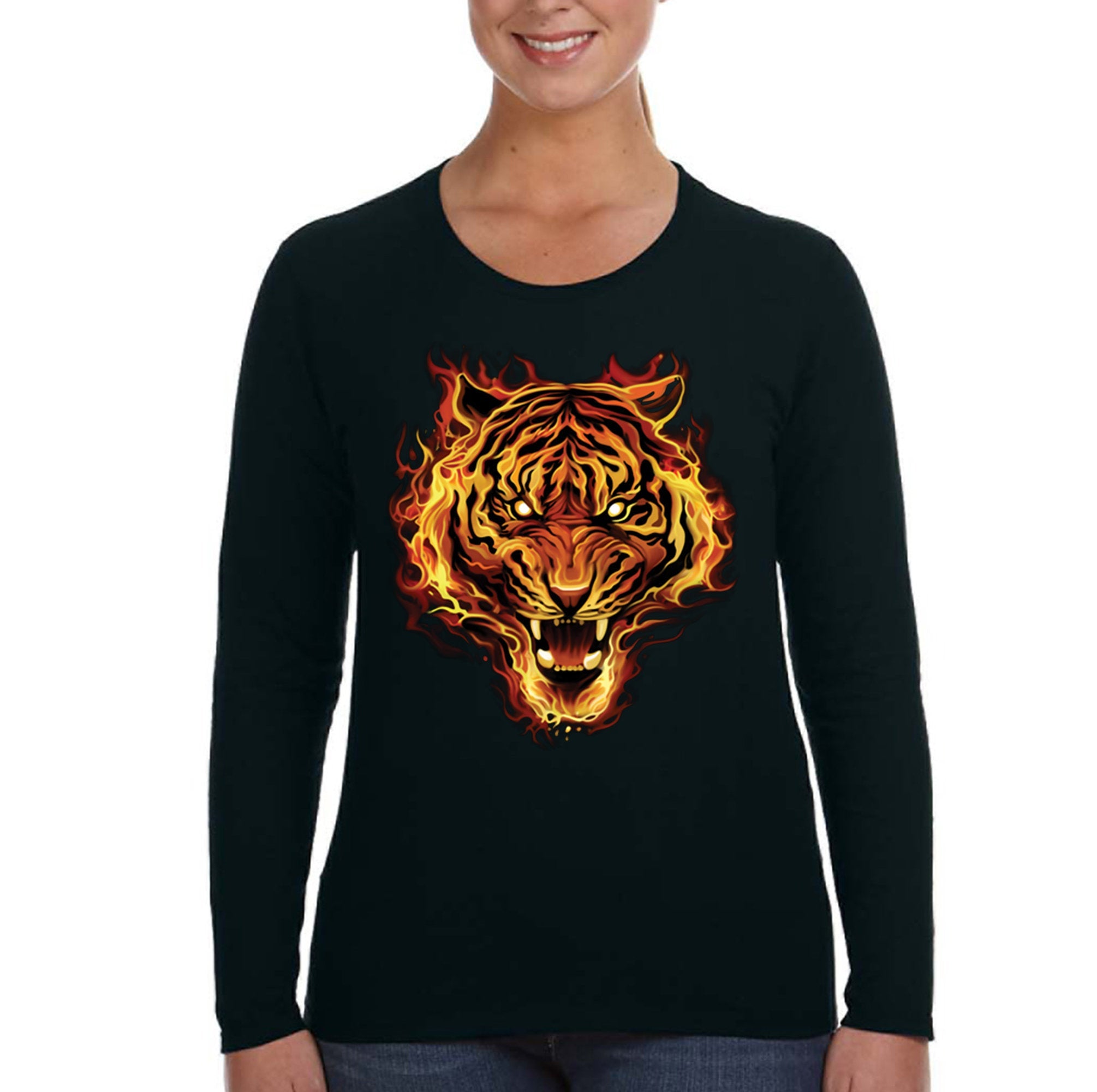 Xtrafly Apparel Women’S Flaming Tiger Flames Animal Lion Safari Long Sleeve T-Shirt