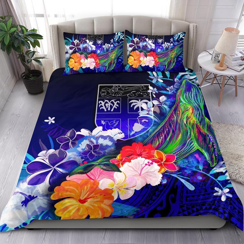 Alohawaii Bedding Set – Cover And Pillow Cases Fiji – Humpback Whale With Tropical Flowers (Blue)- Bn18