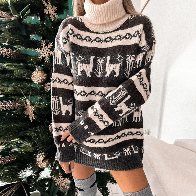 Women Fashion Christmas Print Mini Dress Elegant High Neck Long Sleeve Holiday Dress Ladies Casual Loose Pullover Dresses 2022 alx