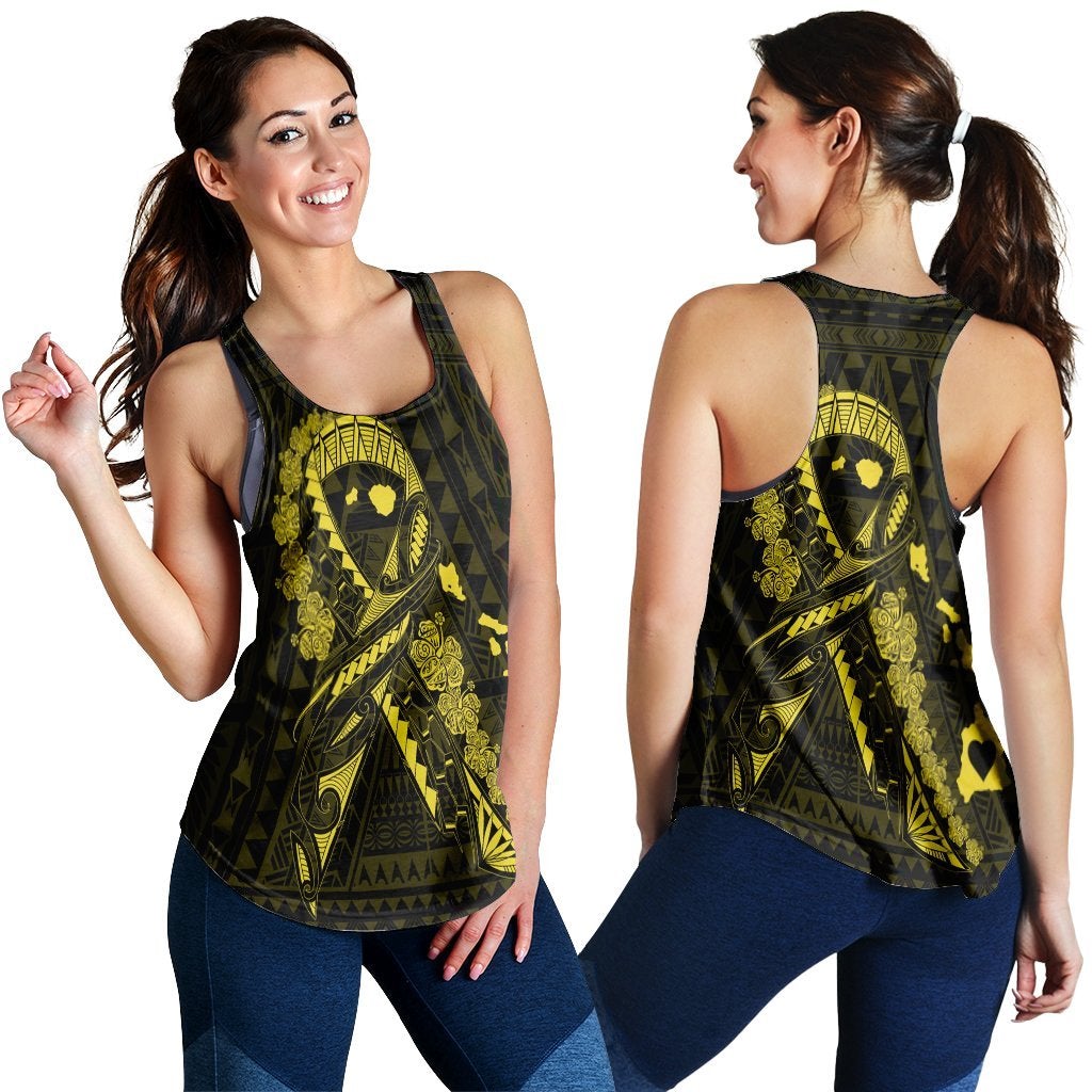 Hawaii Map Heart Ribbon Cancer Hibiscus Yellow Polynesian Racerback Tank Ah Ha67878