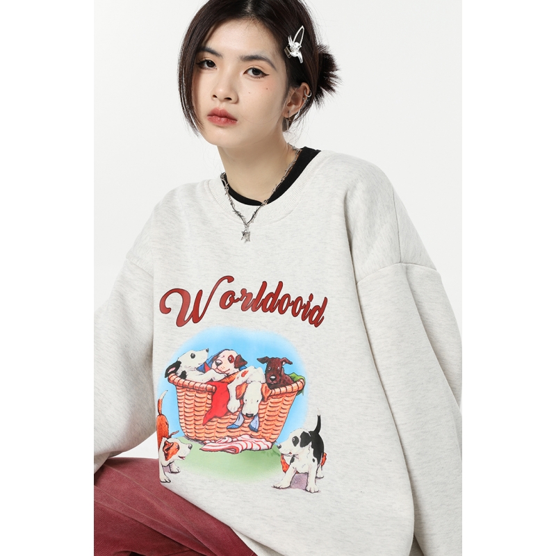 Vintage Light Grey Women Sweatshirt Printing Round Neck American Fashion Streetwear Lazy Wind Warm Winter Female Pullover alx