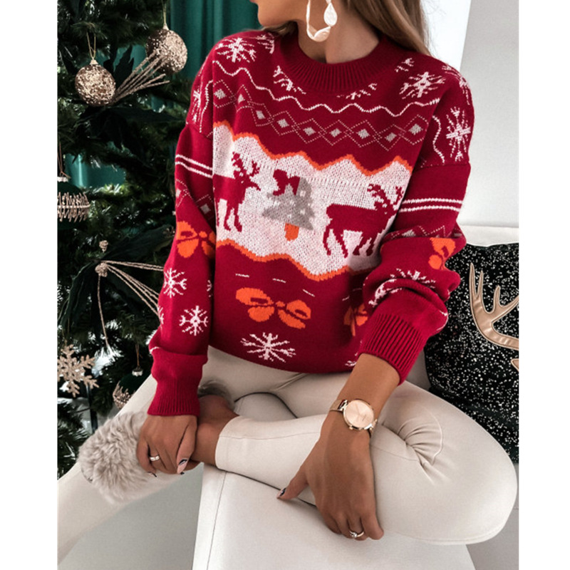 2022 Autumn Winter Sweater Women Christmas Elk Snowflake Pattern Turtleneck Long Sleeve Loose Vintage Party Pullovers Tops alx