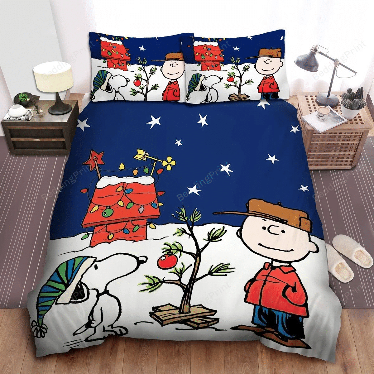 Peanuts Charlie Brown & Snoopy Decorating For Christmas Bed Sheets Spread Comforter Duvet Quilt Bedding Set