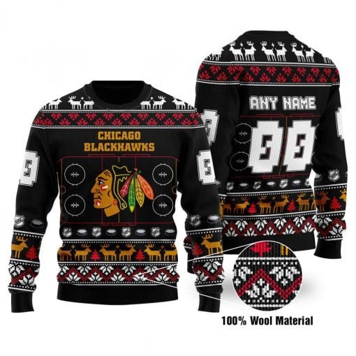 Chicago Blackhawks Custom Name Number Black Stadium Gift For Fan Ugly Wool Sweater Christmas