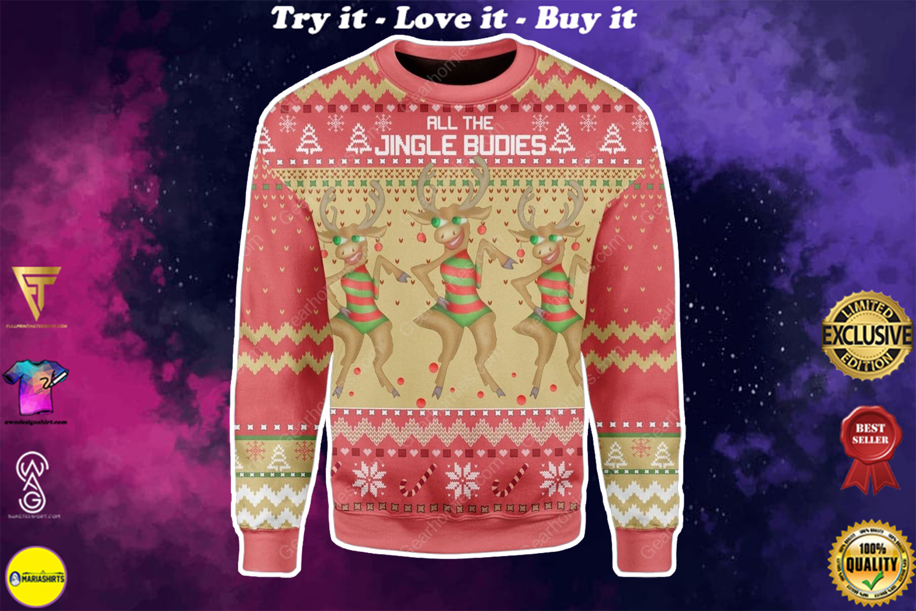 [High Quality] Reindeer All The Single Budies All Over Printed Ugly Christmas Sweater