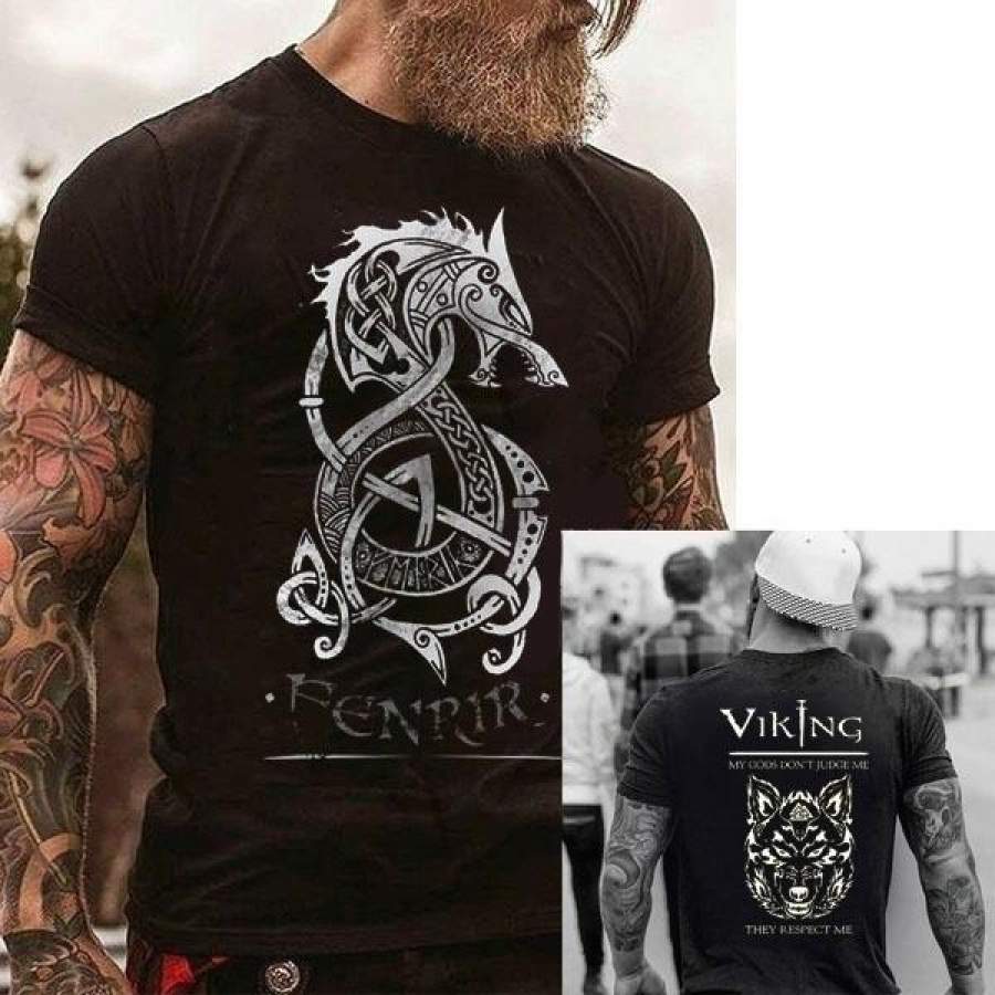 2019 New Men Shirt Viking Tee Shirts Norse Mythology Fenrir Tees Cotton Short Sleeve Shirt Viking Wolf Shirts