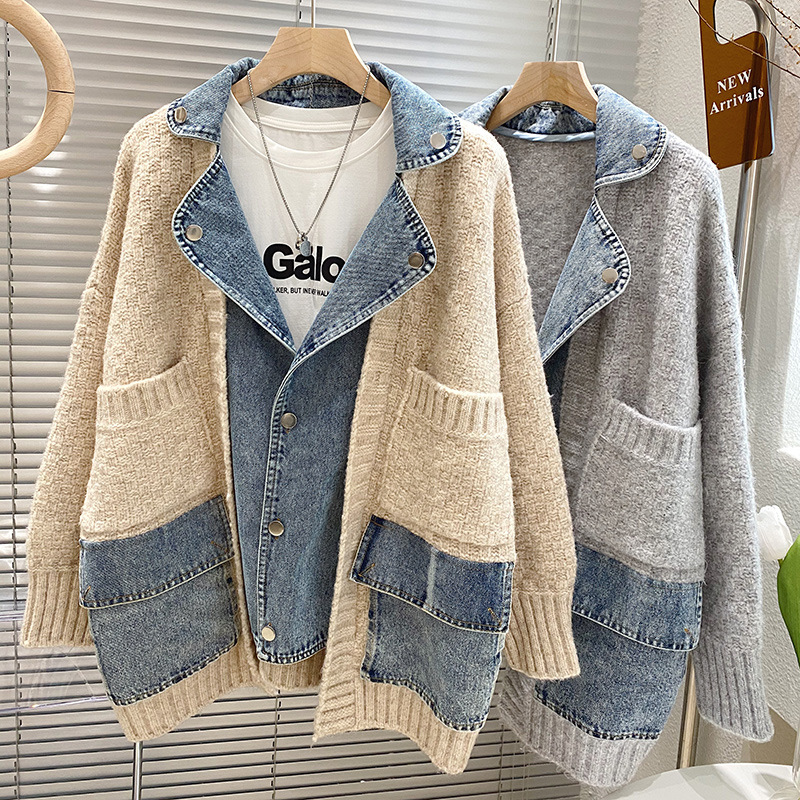 Circyy Women Cardigan Winter Jacket Fake Two Coat Knitted Clothing Korean Denim Patchwork Pockets Turn-Down Collar Outerwear New alx