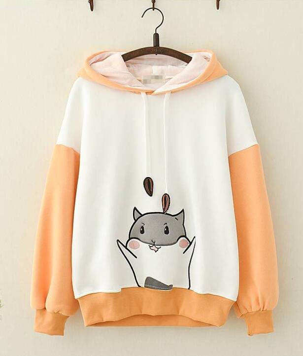 2020 Autumn New Women’s Harajuku Cute Thin Hoodies Sweatshirt Hamster Embroidery Hooded Long Sleeve Student Casual Pullovers alx