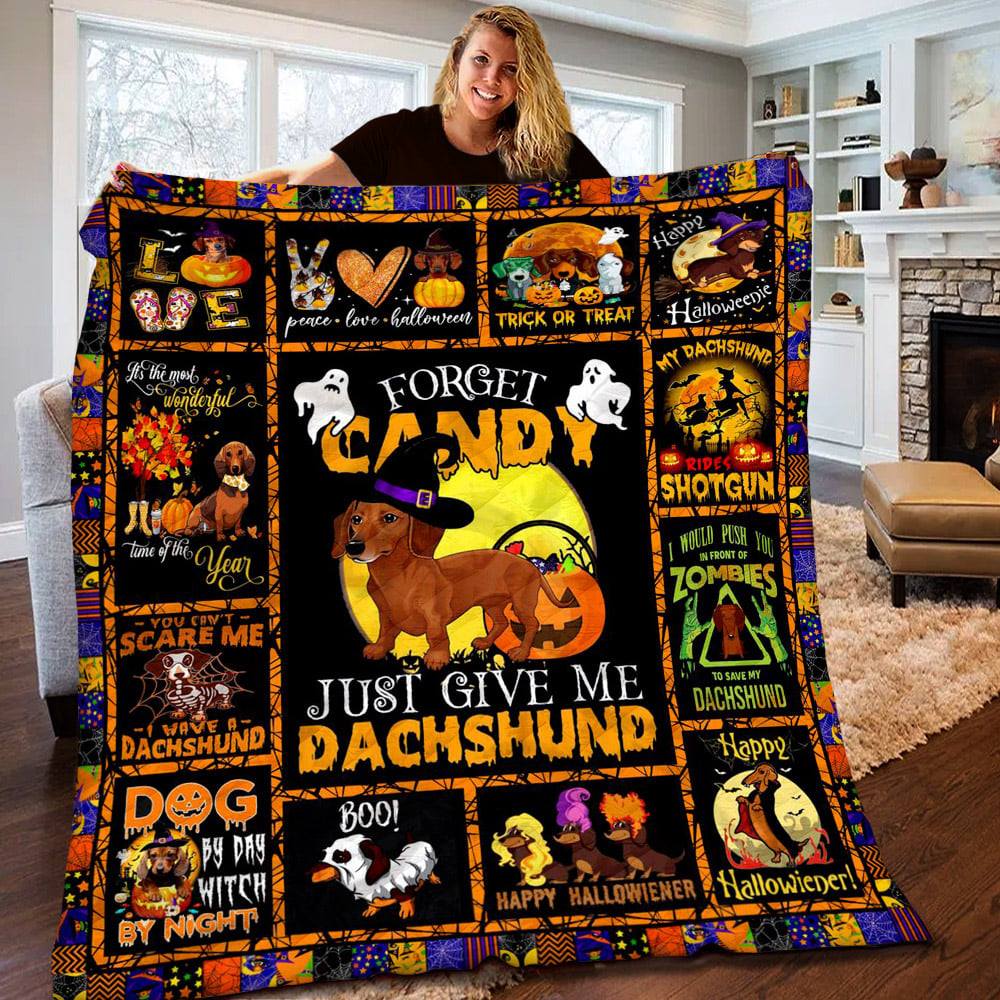 Dachshund Pumpkins Forget Candy Just Give Me Halloween Black Halloween Gifts Fleece Sherpa Blanket