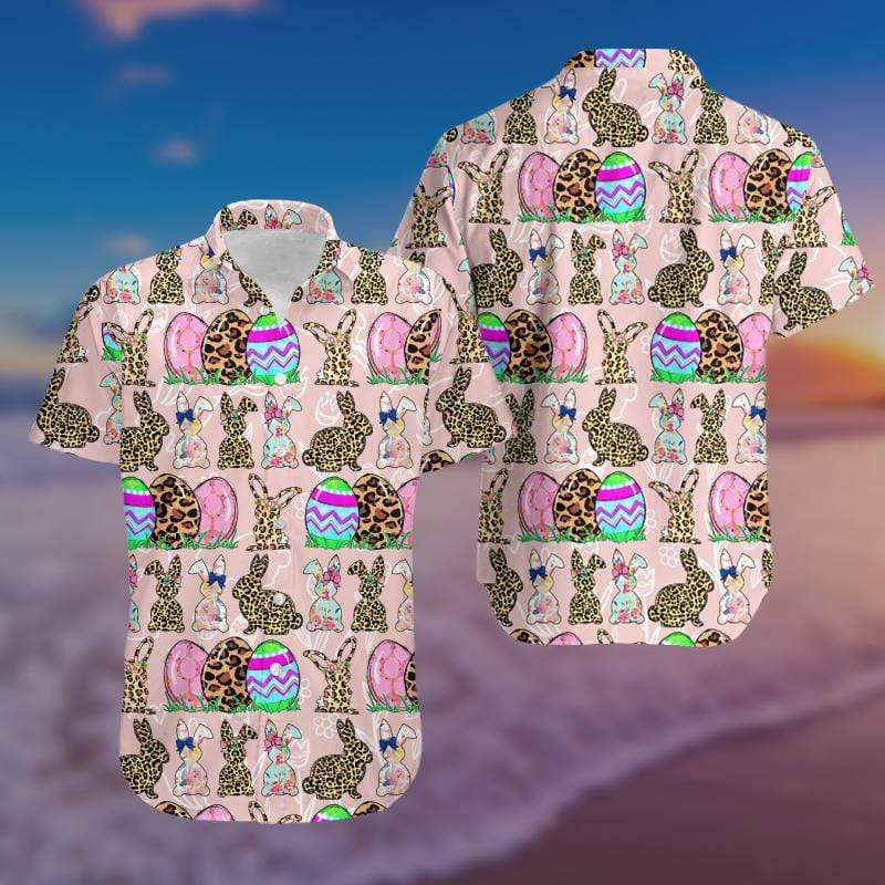 Bunny Leopard & eggs pink happy Easter day Hawaiian Aloha Shirts  #V