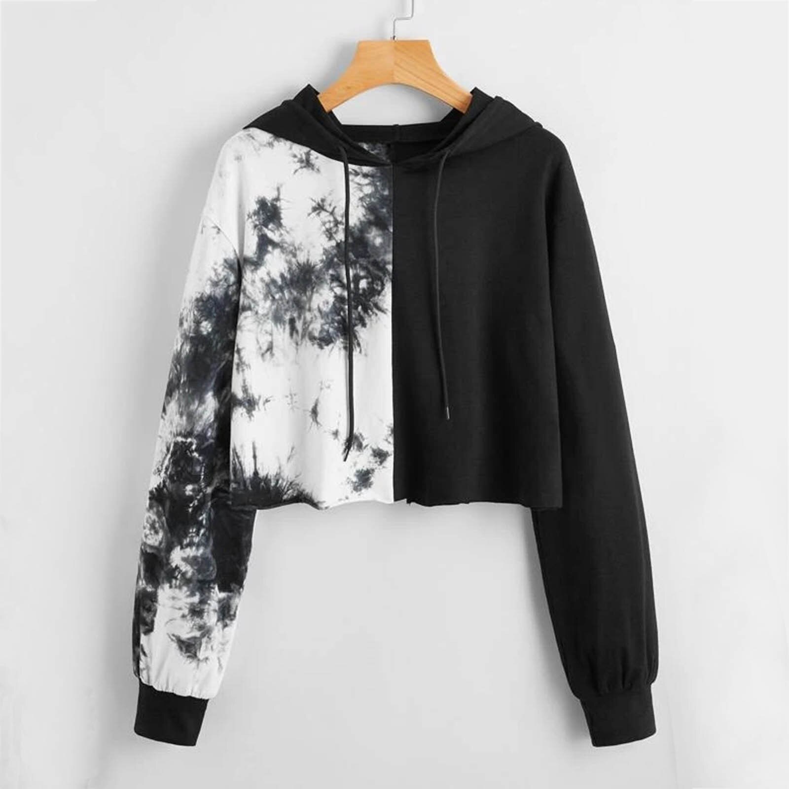 Women Long Sleeve Crop Hooded Tie-Dye Print Sweatshirt Crop Top Hoodies Pullover Top Blouse Harajuku Hoodie Streetwear Women Top alx