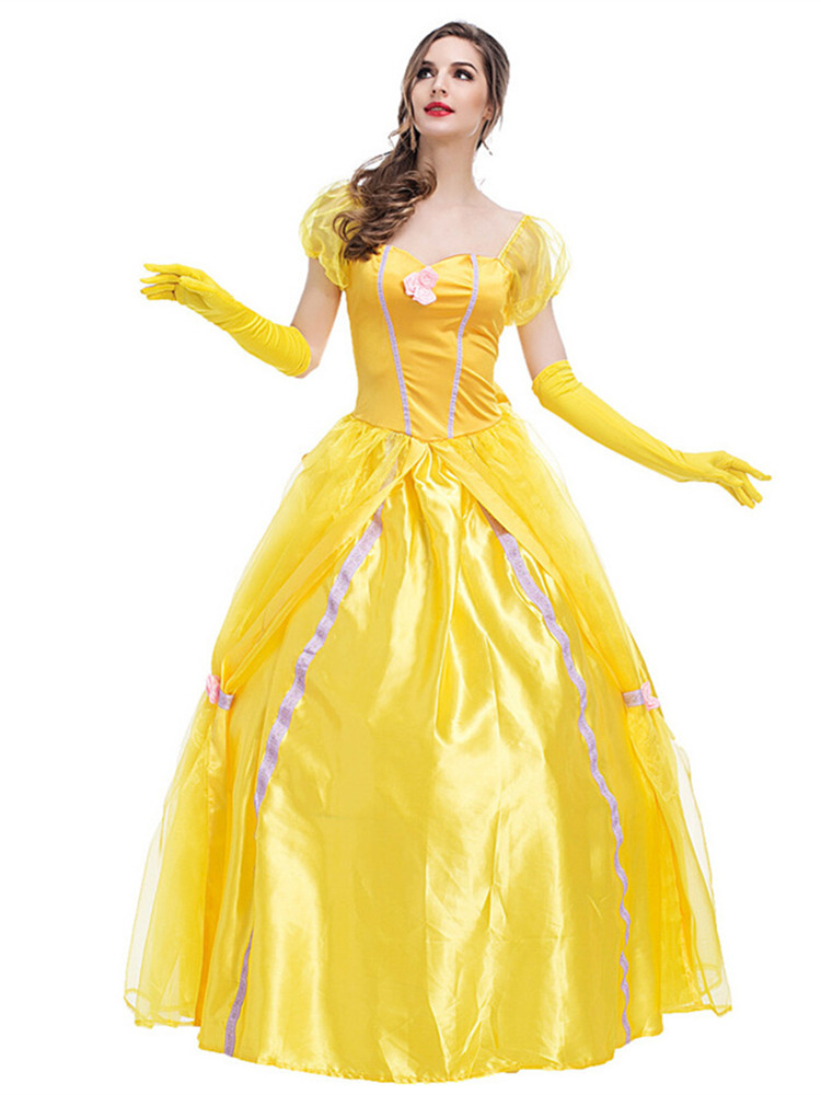 Adult Yellow Princess Long Dress Costume for Beauty and The Beast Belle Cosplay Halloween Party Masquerade Gown alx