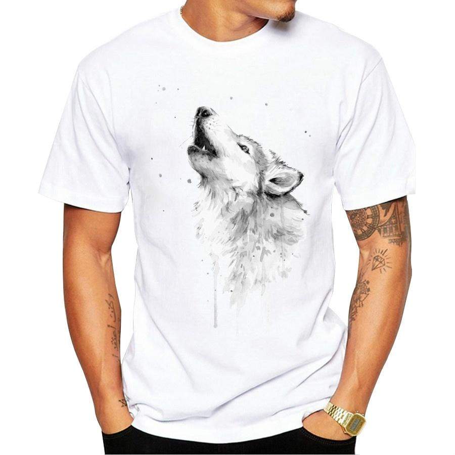 2018 Wolf Howling Men T-Shirt Short Sleeve Casual Tops Hipster Watercolor Wolf Printed Male Fashion T Shirts Funny Tee