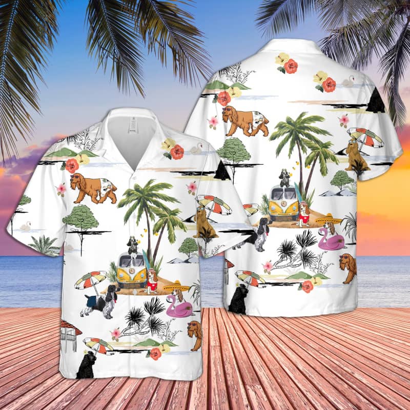 Unisex Cocker Spaniel Beach Hawaii Print Aloha Short Sleeve Casual Shirt Ha26413