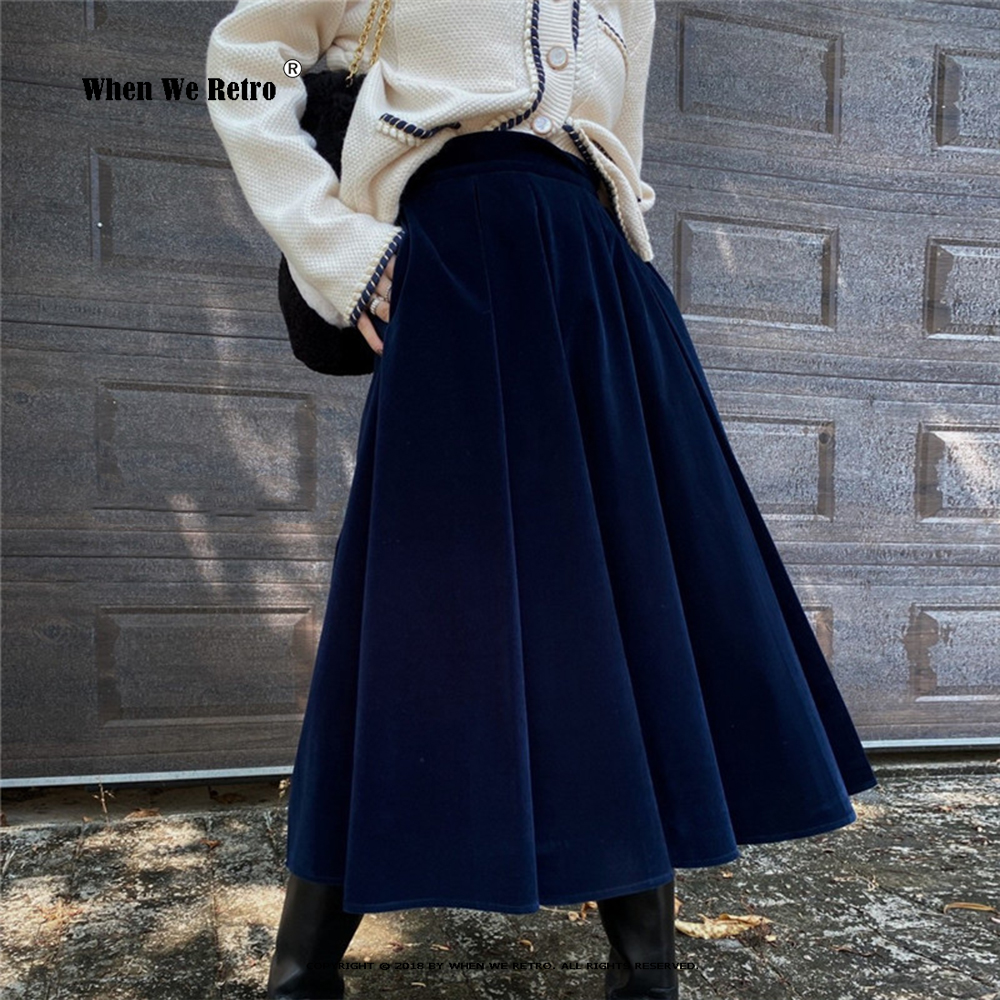 2022 New Arrival Women Autumn Winter Skirt VD2624 Black Blue Coffee A Line Retro Vintage Long Midi Velvet Skirt alx