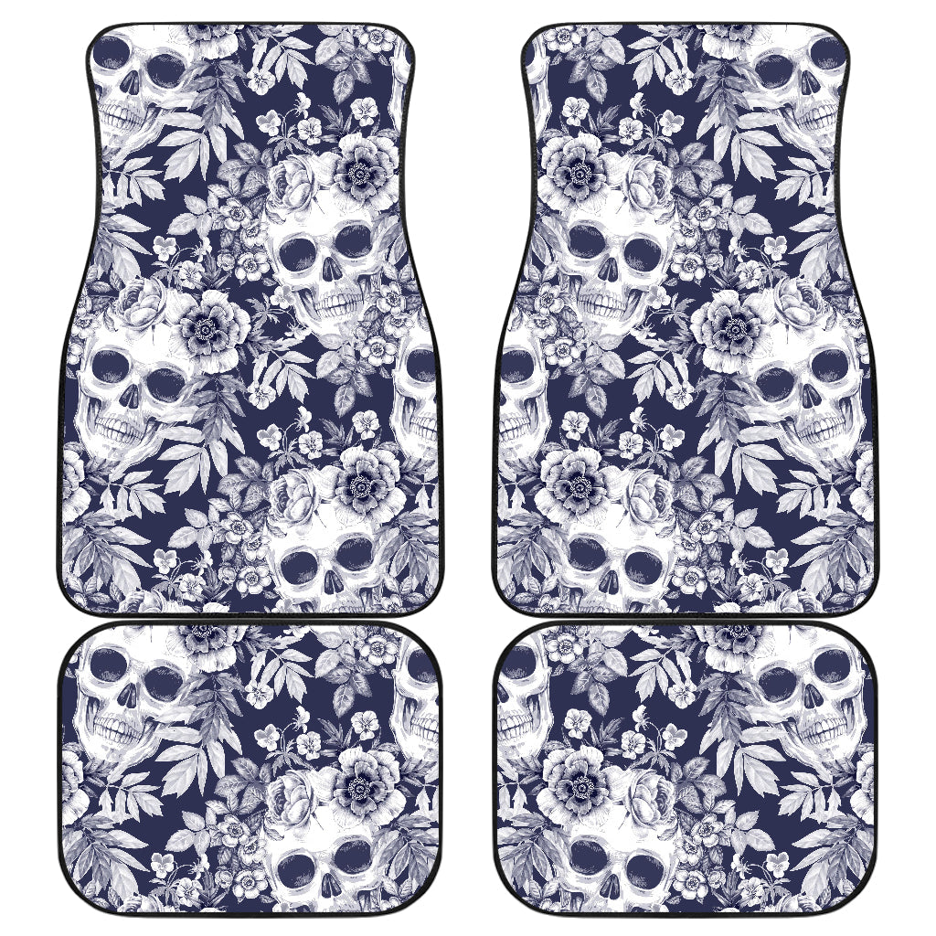 White Blue Skull Floral Pattern Print Front And Back Car Floor Mats, Front Car Mat