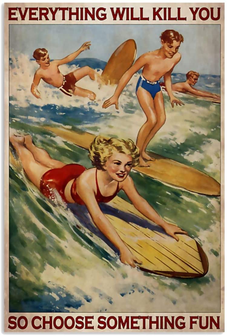 Vintage People Surfing – Choose Something Fun Poster Art Print      Home Decor Gift For Men Women Family Friend On Birthday Xmas