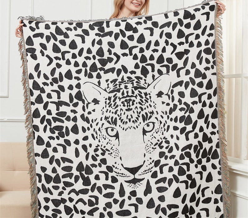 Black And White Panther Head Vintage Retro Style Couch Sofa Blanket,  Woven Throw Blanket Home Decor