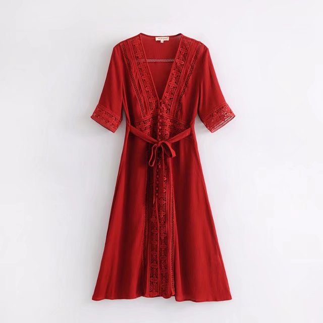 2018 Summer New Women’s Beach Dress V-neck Hollow Out Sexy Holiday Lace Dress Half Sleeve A-line Boho Long Dress Chic Vestidos alx