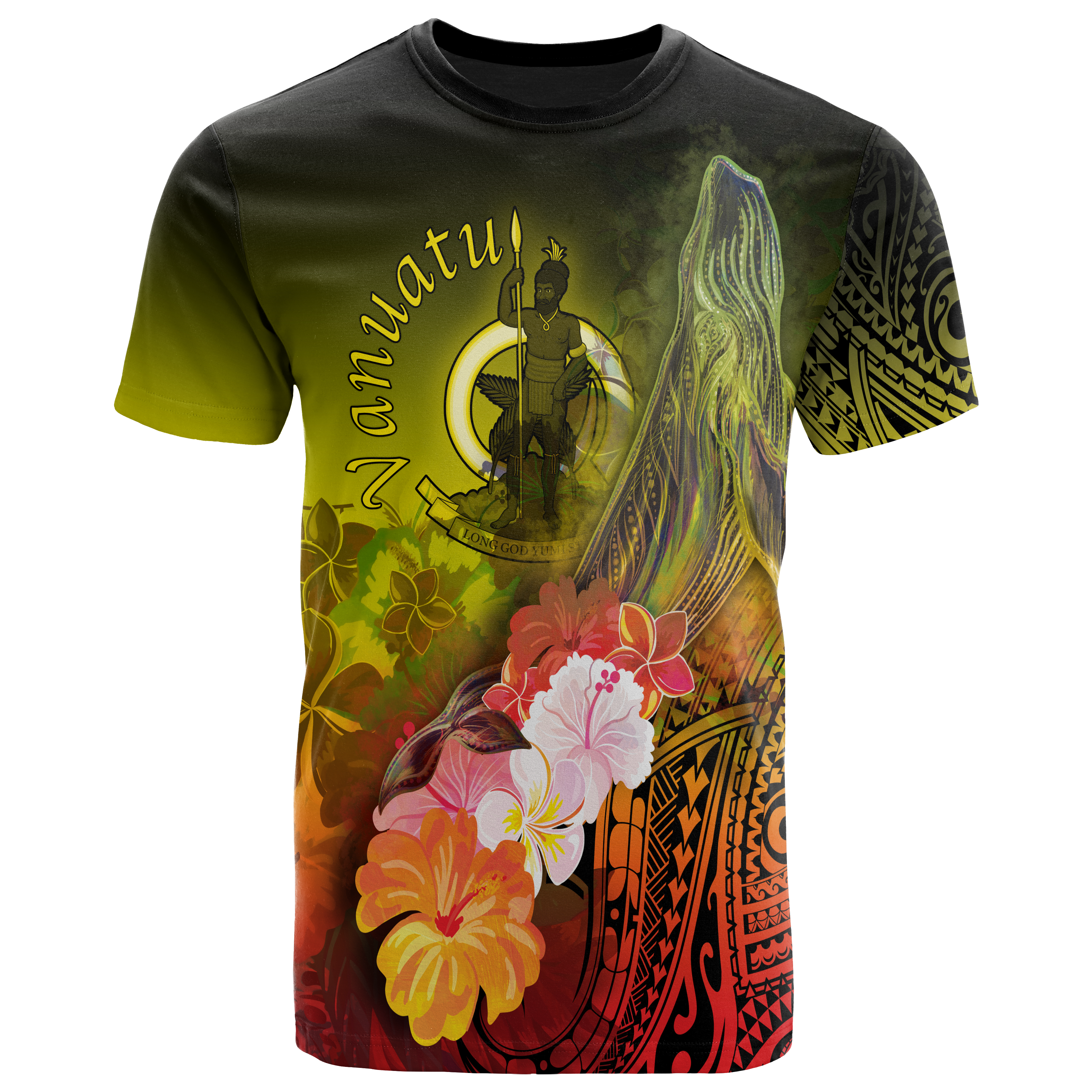 Vanuatu T-Shirt – Humpback Whale with Tropical Flowers (Yellow)- BN18