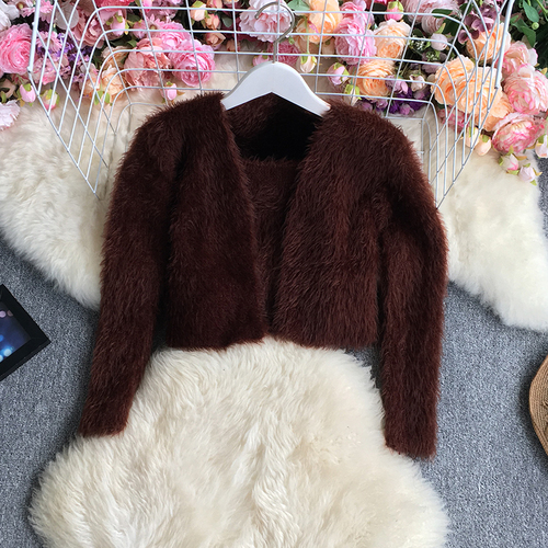 2022 New Spring Autumn Fashion long sleeve buttonless knitted Cardigan short solid color fluffy Sweater Top with short Camisole alx