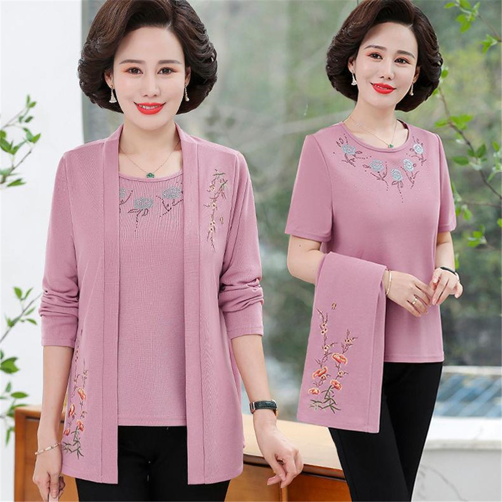 2022 New Fashion tops Long-Sleeved Coat Middle-Aged Elderly Embroidery Cardigan Women Spring Summer Two Piece Set Short-Sleeved alx