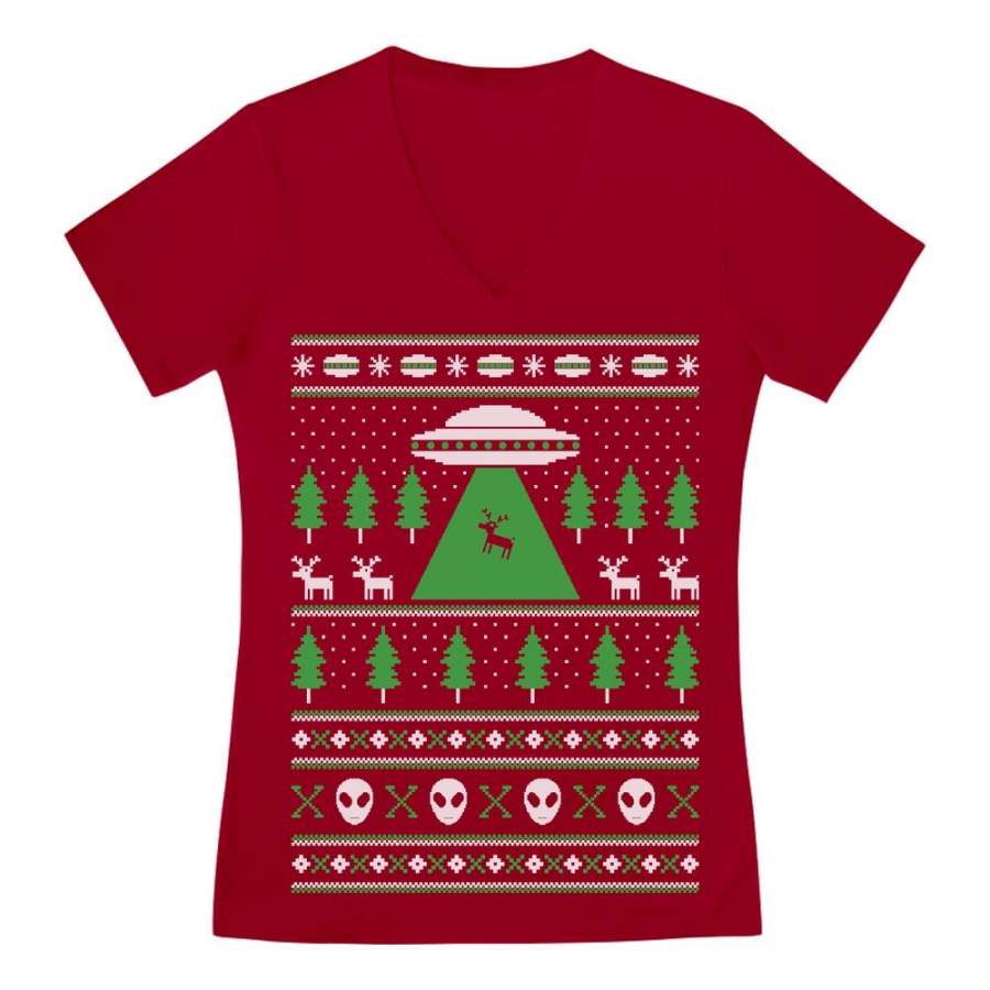 Alien Reindeer Abduction Ugly Christmas Sweater V-Neck Fitted Women T-Shirt