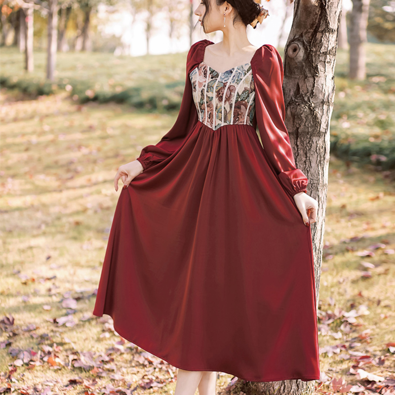 Spring Autumn Women Dress Vintage Party Dress Patchwork Long Red Dresses French Style Retro Female Bing 2022 HOT alx