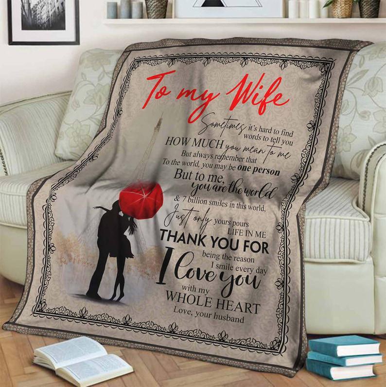 To My Wife Blanket, I Love You With Me Whole Heart, Love Your Husband,Gift For Wife Family Home Decor Bedding Couch Sofa Soft And Comfy Cozy