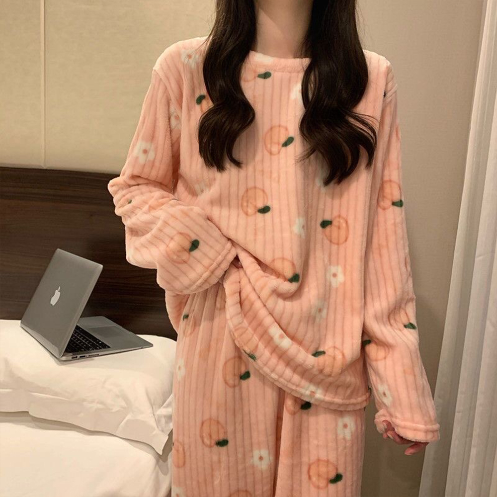 Winter Warm Flannel Women Pyjamas Sets Thick Coral Velvet Long Sleeve Cartoon stripe Sleepwear Flannel Pajamas Set Sleep Wear alx