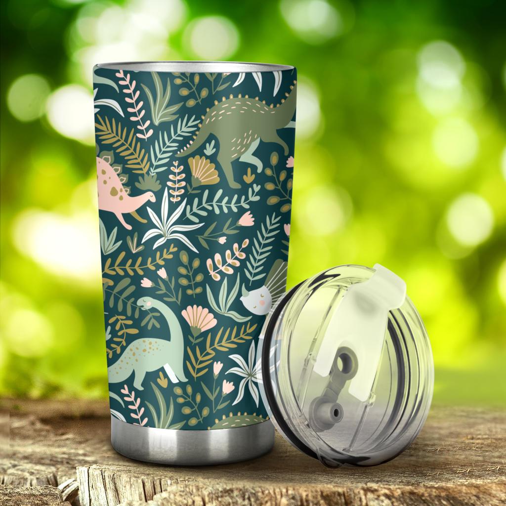 Dinosaurs Tropical Leaves Flower Pattern Tumbler