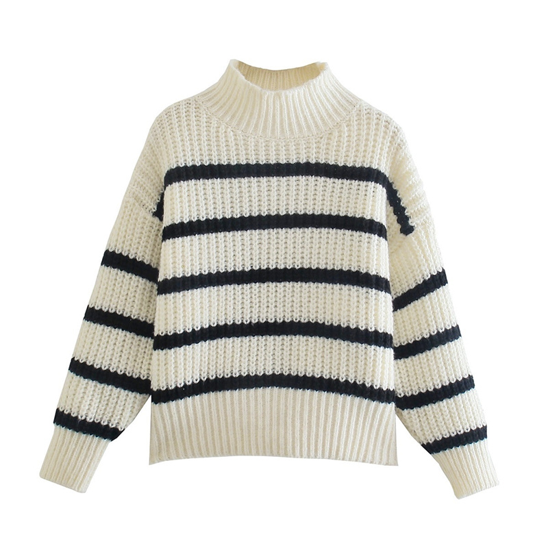 ZXQJ Women Stripe Knitted Sweater 2021 Autumn Fashion Lady Oversize Mock Neck Long Sleeve Pullover Female Loose White Knitwear alx